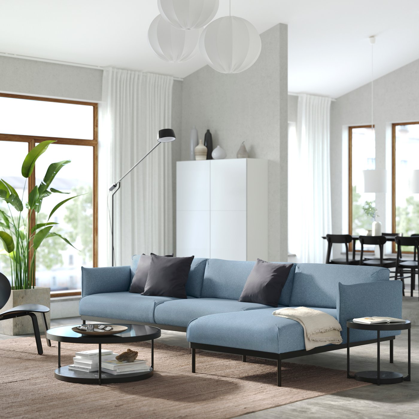 A Gunnared light blue ÄPPLARYD 4-seat sofa with chaise longue