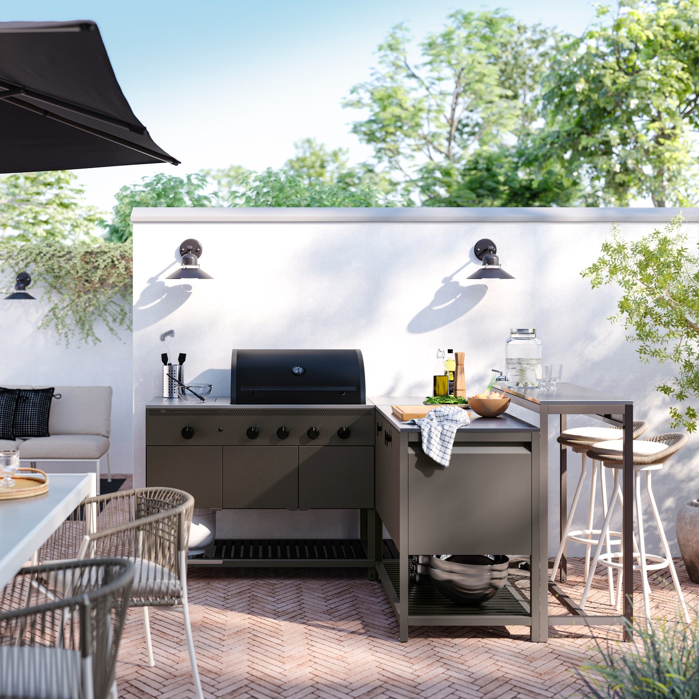 IKEA BÅTSKÄR utekök med gasgrill och barbord, mörkgrå, 220x180 cm