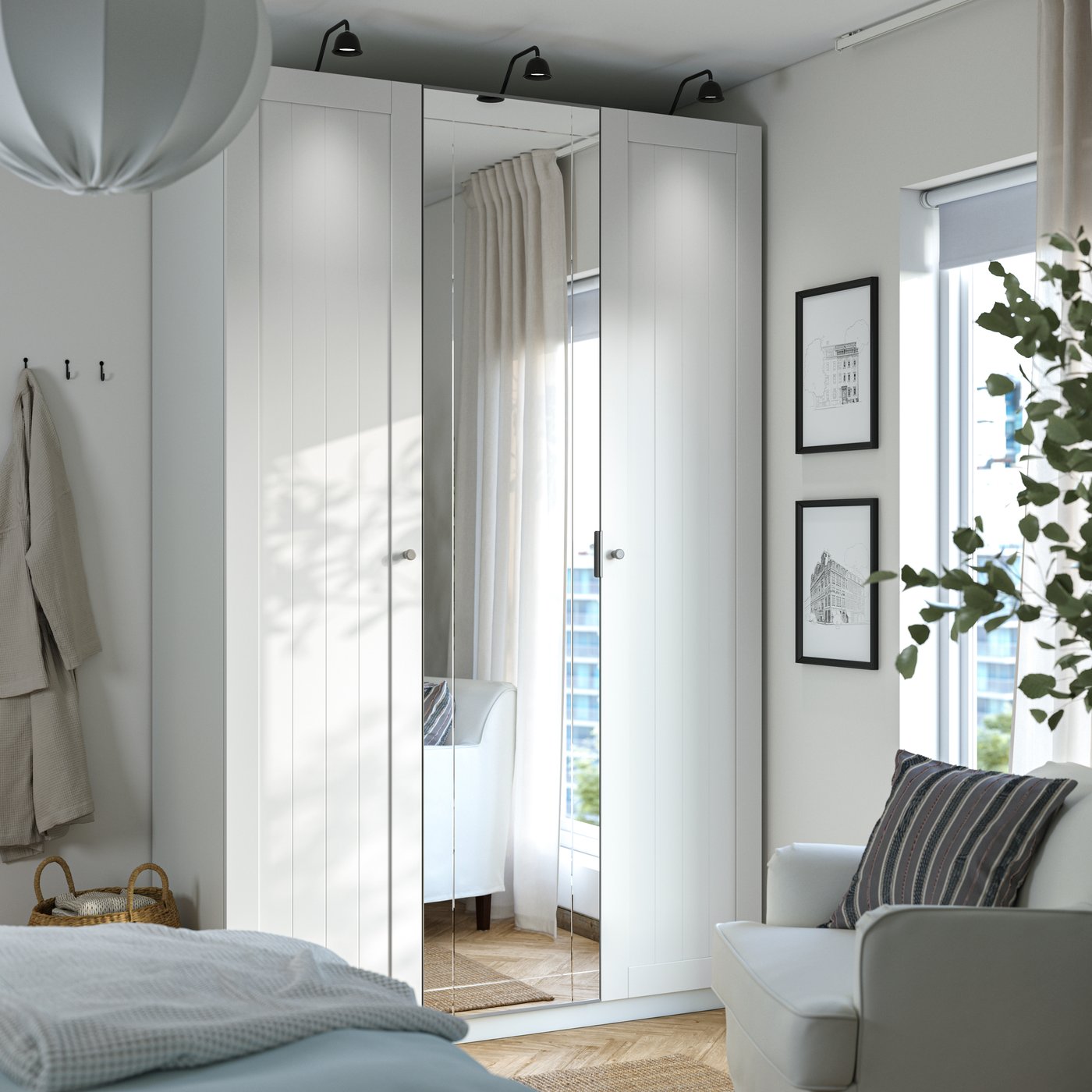 IKEA PAX / KAMMARTORP/GULLABERG garderobskombination, vit spegelglas/grå vit, 150x60x236 cm