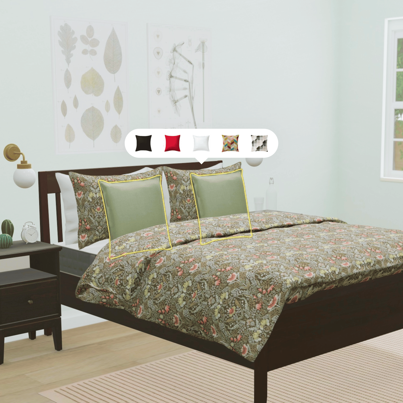 preview of IKEA Kreativ app in function showing a cushions being placed onto a bed in a virtual room design