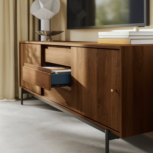 A brown walnut effect RÅDMANSÖ TV bench