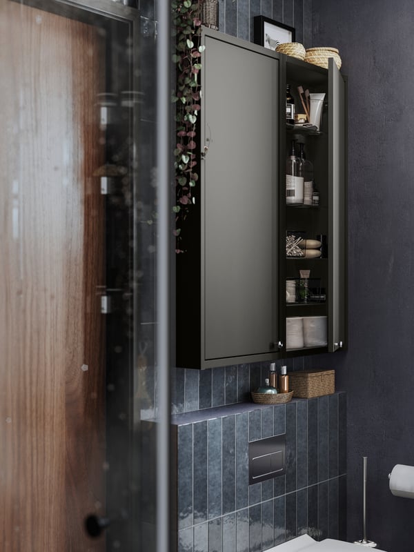 A dark grey HAVBÄCK wall cabinet with door