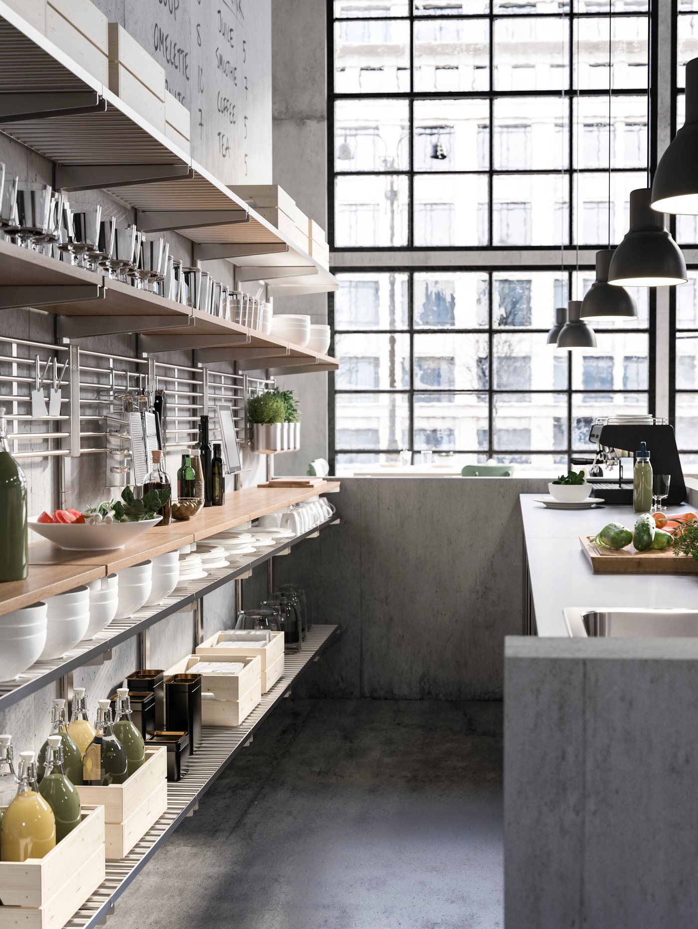 Two KUNGSFORS suspension rails with shelf/wall grid attached to a wall behind a counter in a café.