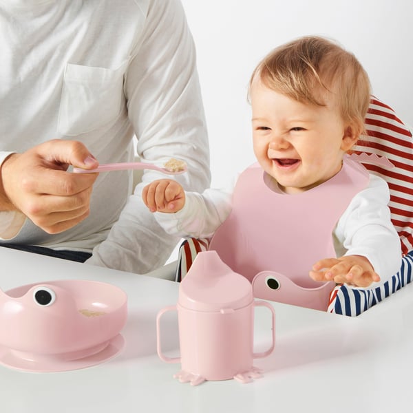 A pink MATA 4-piece eating set
