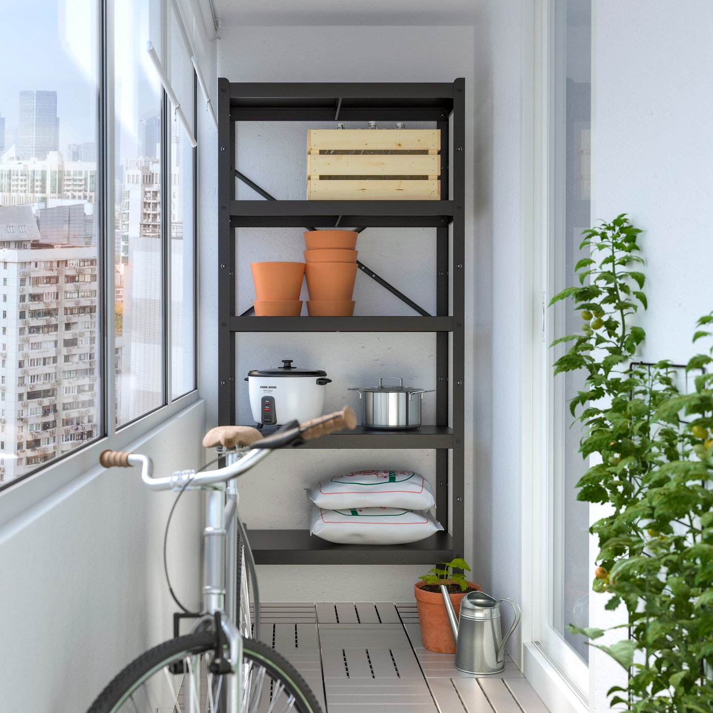 A black BROR shelving unit