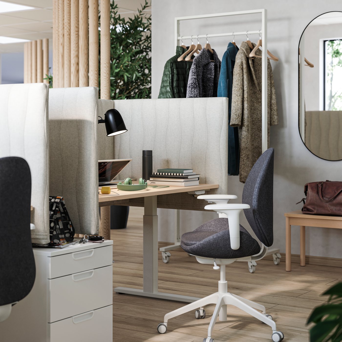 A white GALANT drawer unit on castors en MITTZON office desk