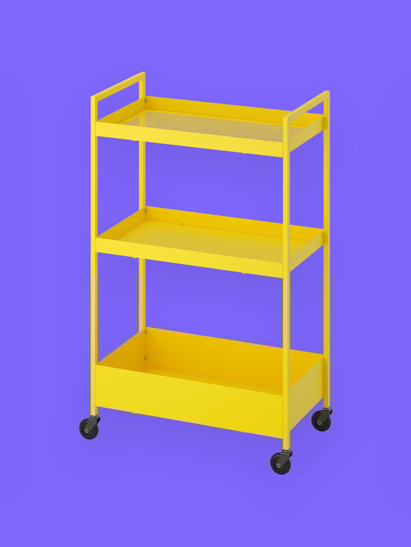 Rumeno stojalo IKEA pred vijoličnim ozadjem.
