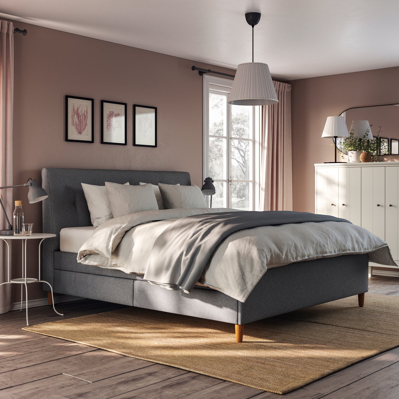 A Gunnared dark grey IDANÄS upholstered storage bed