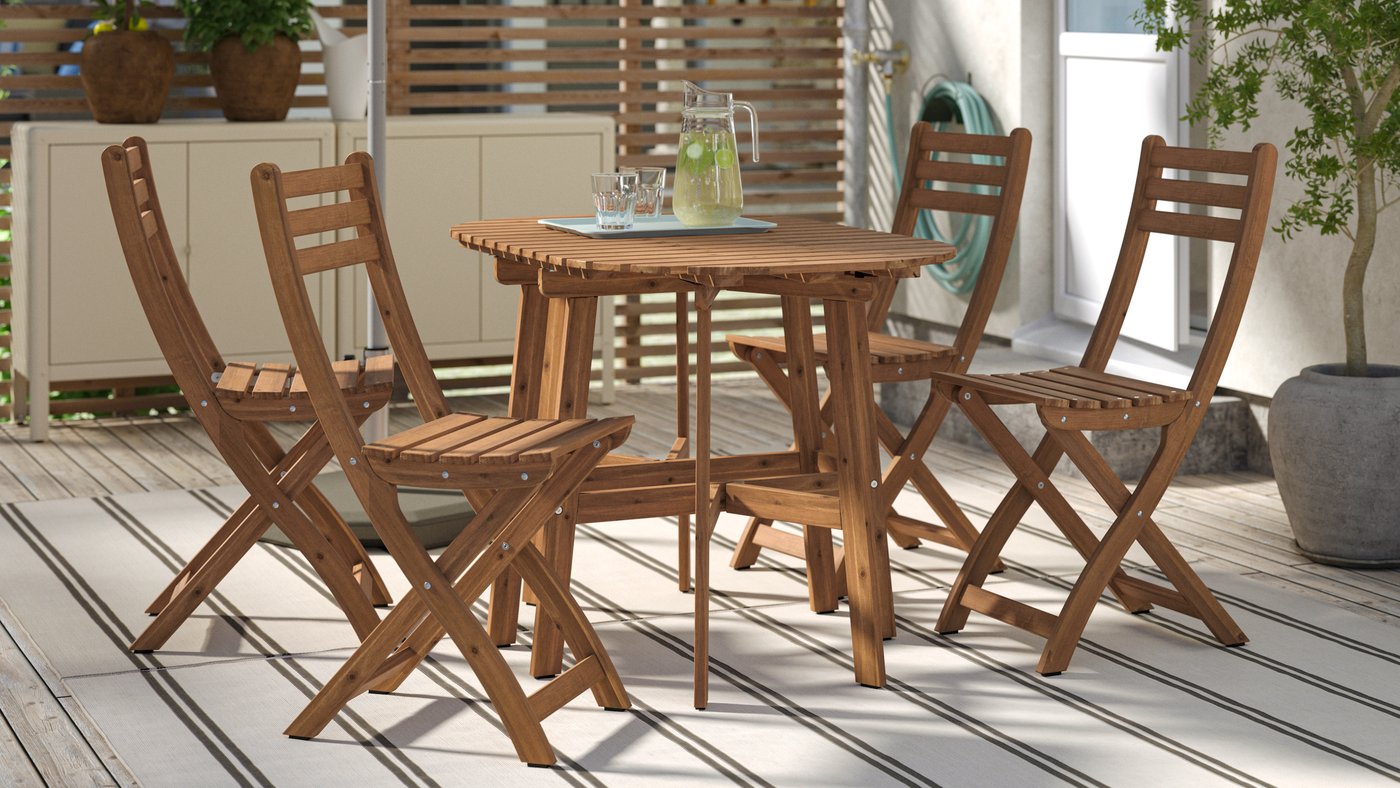 A foldable dark brown ASKHOLMEN gateleg table+4 chairs, outdoor outside