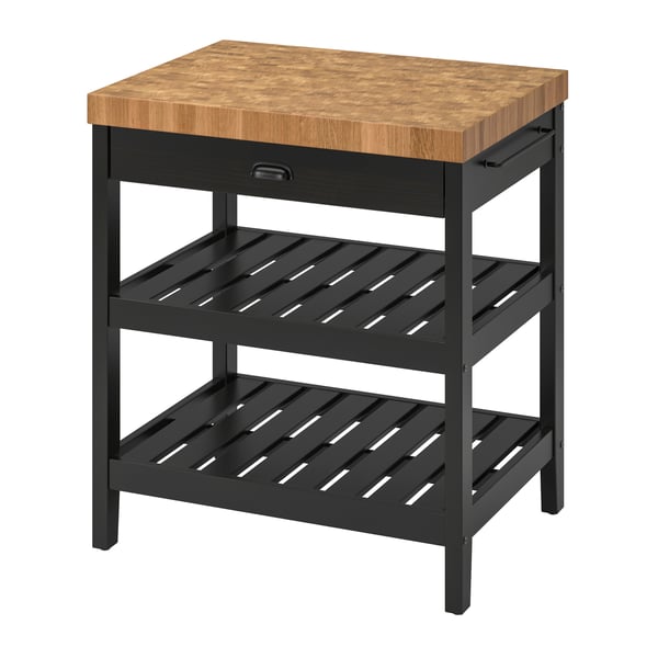 A black/oak VADHOLMA kitchen island in the NA
