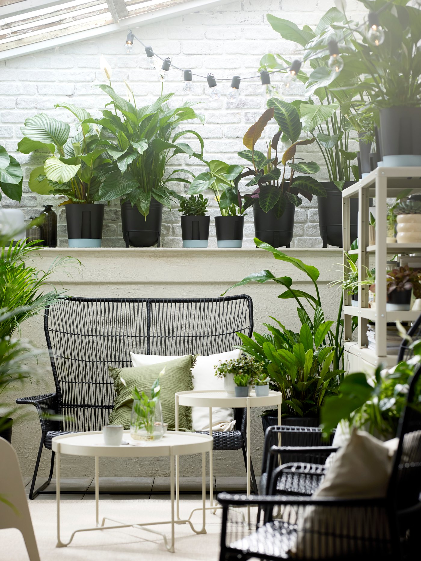A sunroom with green plants and a TALLSKÄR outdoor 2-seat sofa with a KROKHOLMEN side table and coffee table in the middle.