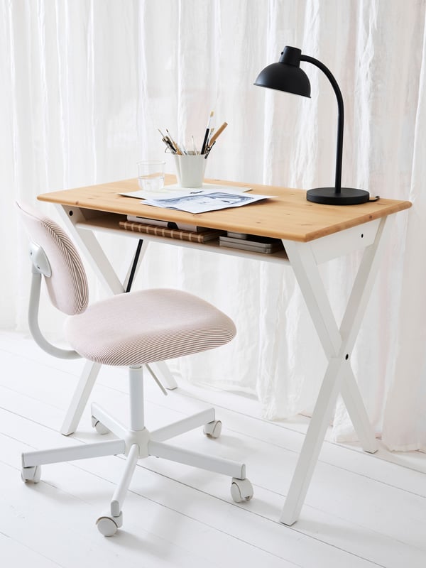 A pine/white BOLLPOJKE desk