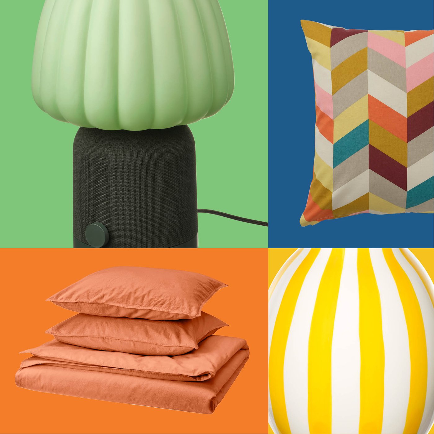 A striped IKEA vase, a green‑checked cushion, a pastel lamp and warm orange bedding come together to create a playful and vibrant bedroom aesthetic.