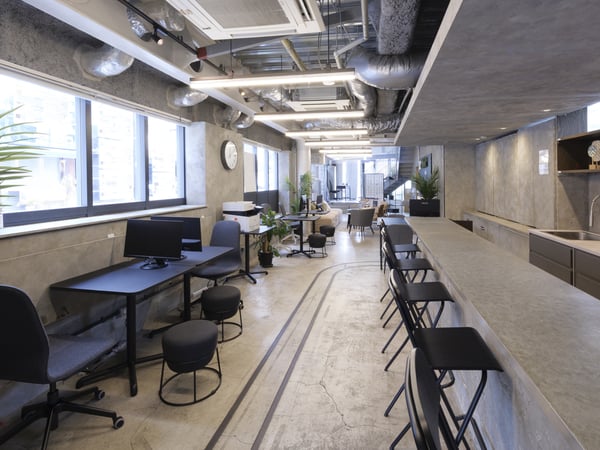 観葉植物が彩るワークスペース。長いカウンターと椅子が並び、窓から自然光が差し込む室内