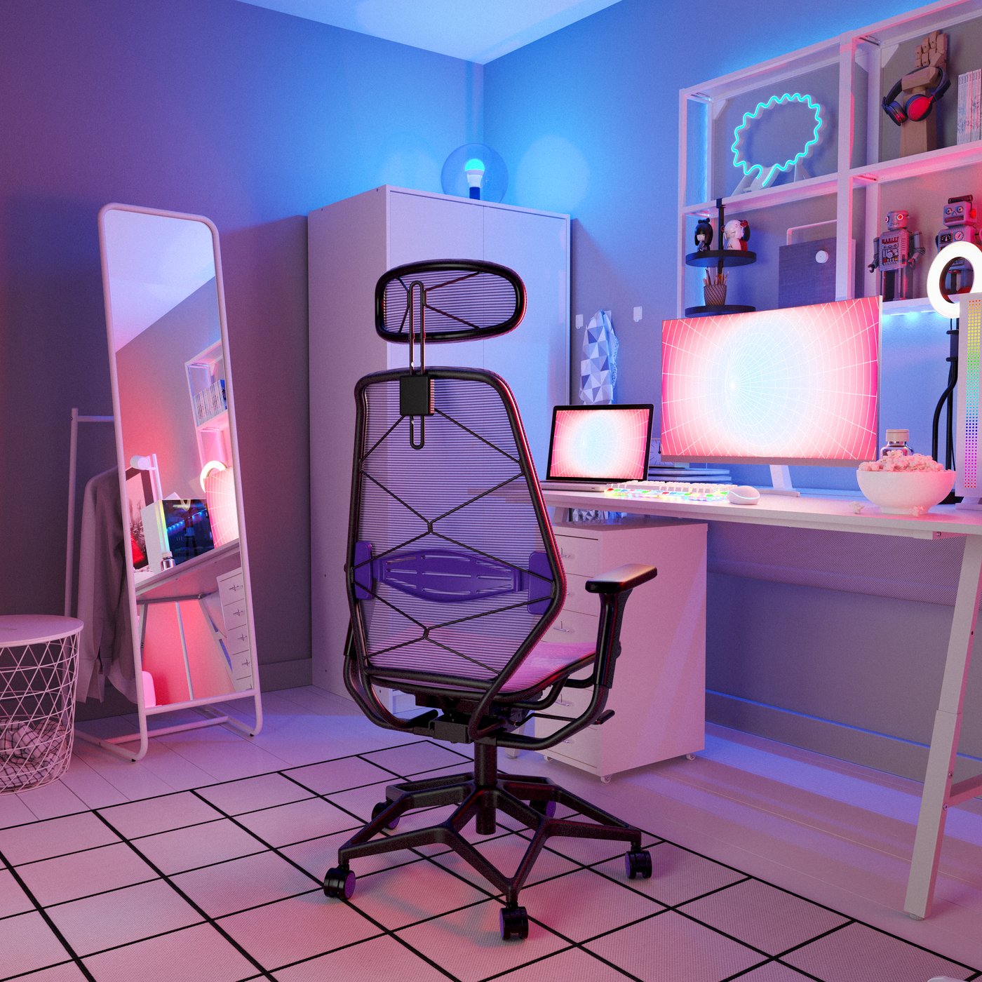 A purple/black STYRSPEL gaming chair