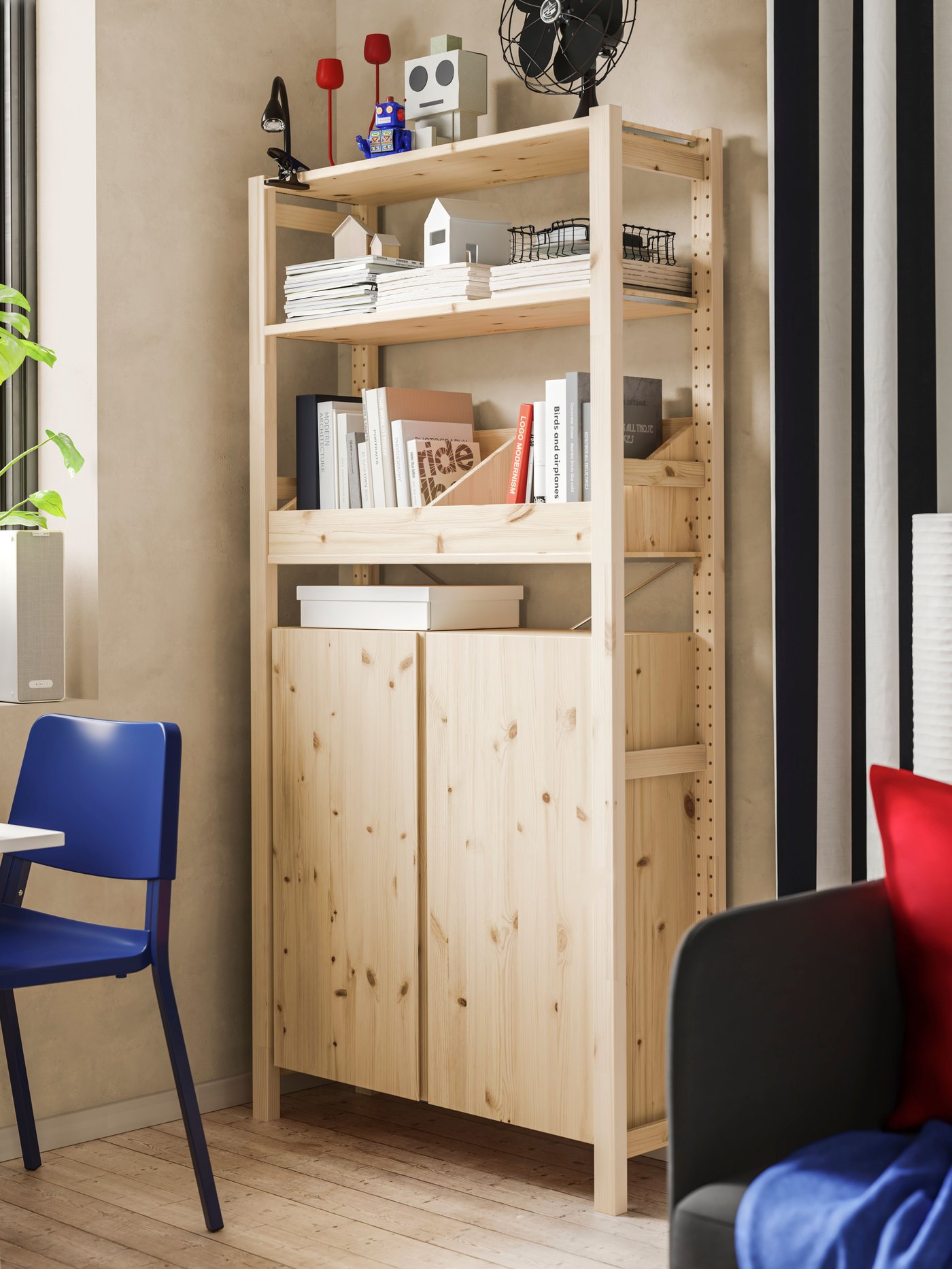 A with box shelf/pine IVAR shelving unit in the living room