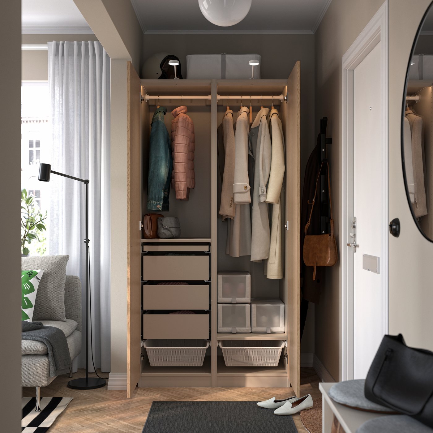PAX-kastcombinatie grijs-beige/eikenfineer