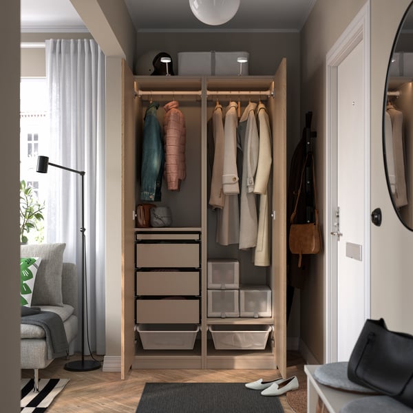 A grey-beige/oak veneer PAX wardrobe combination