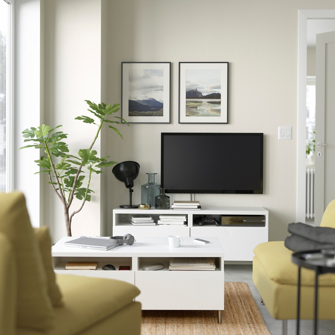 Table basse à tiroirs en BESTÅ blanc/Selsviken/Ösarp brillant/blanc