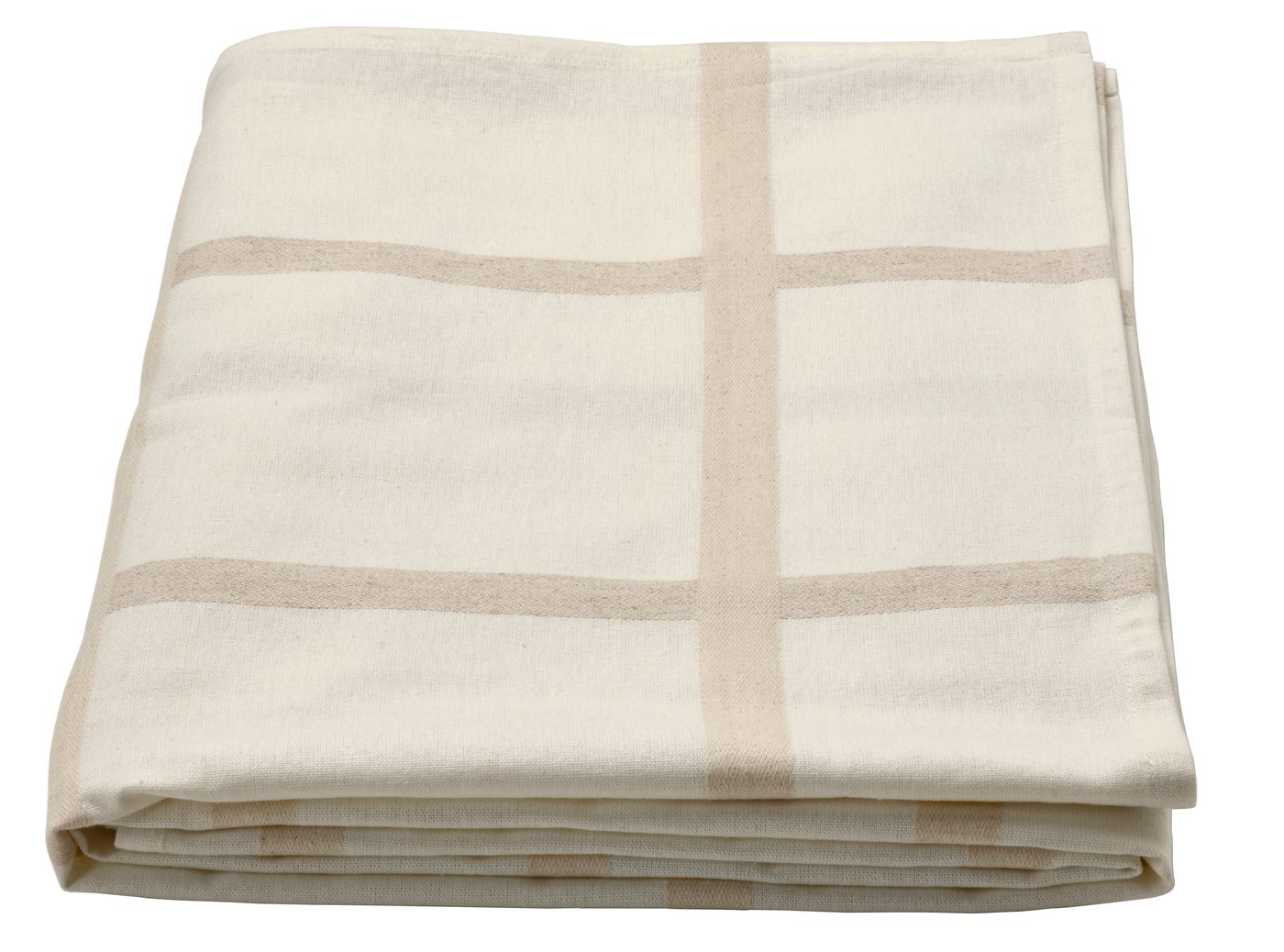 A beige/white NISSÖGA tablecloth in the NA