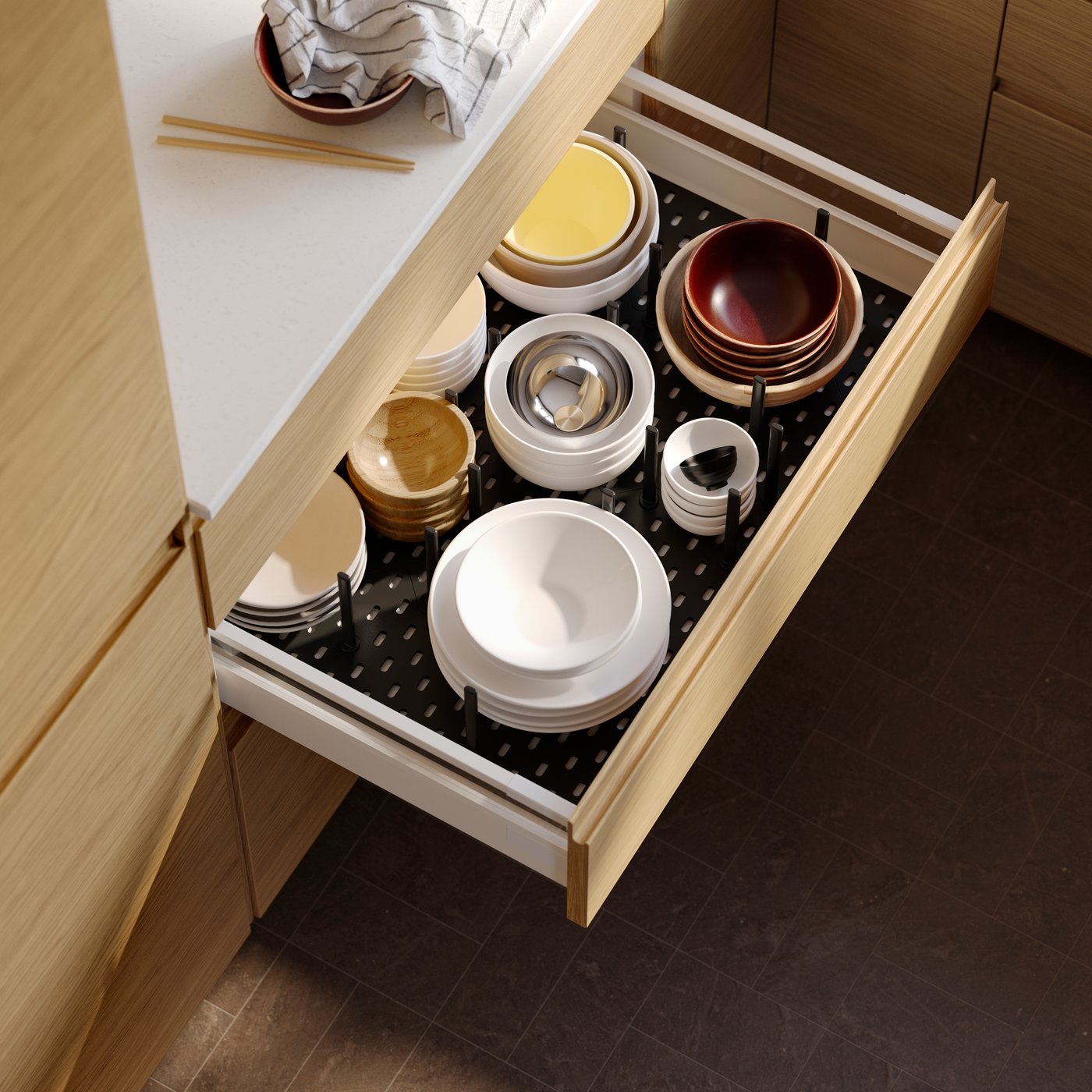 A white MAXIMERA drawer, medium in the kitchen
