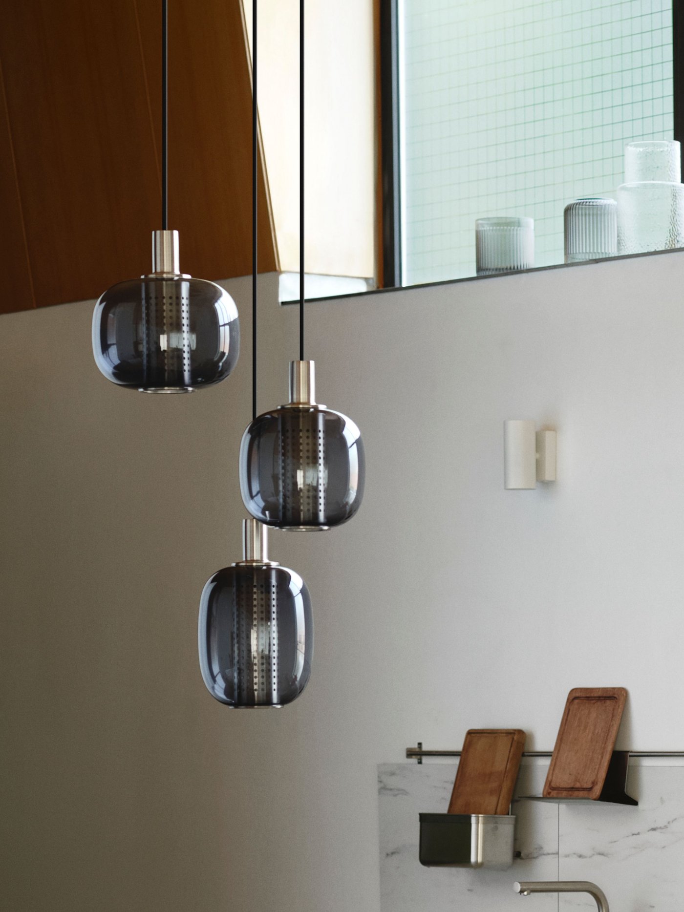 A nickel-plated/grey glass HÖGVIND pendant lamp with 3 lamps