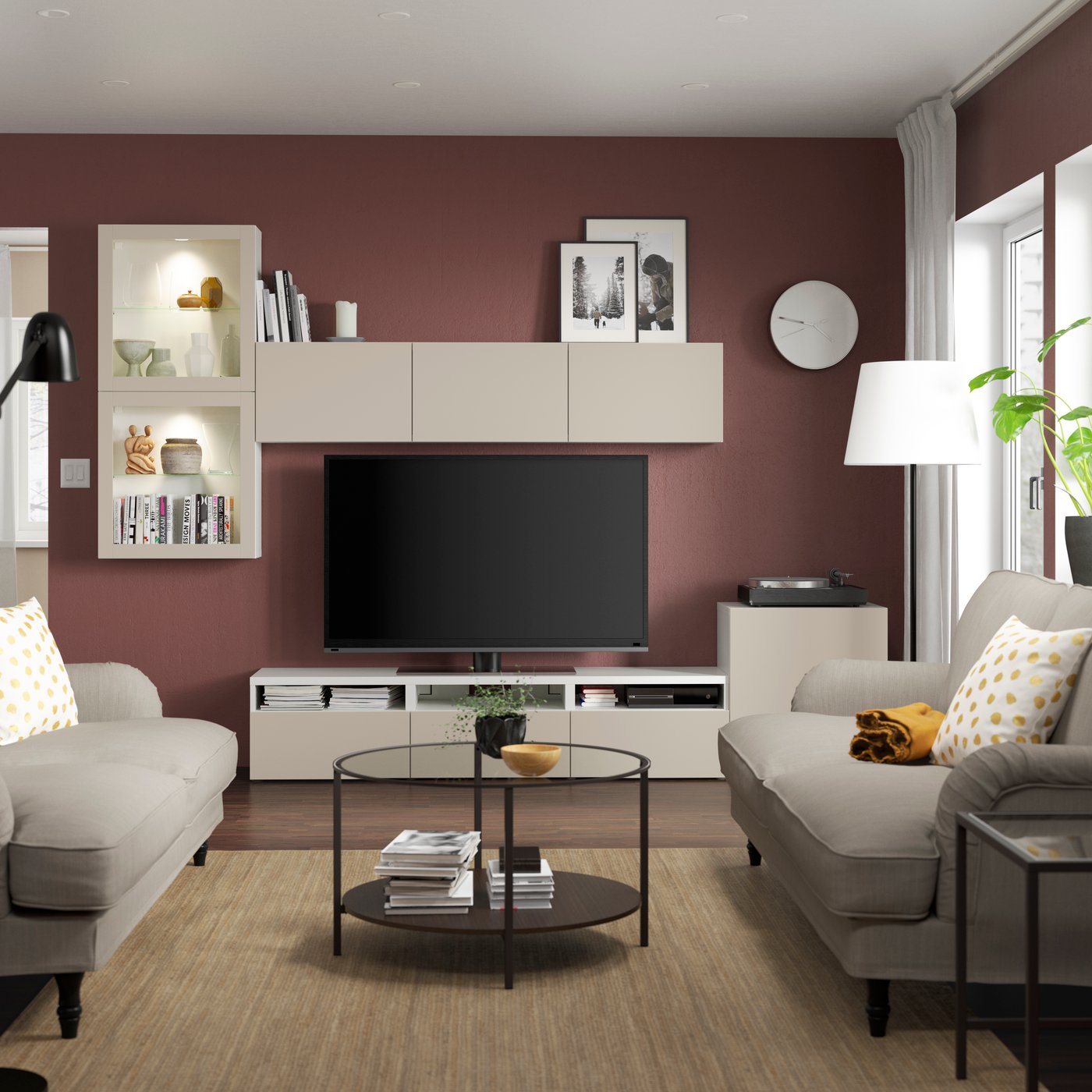 A white Lappviken/light grey-beige clear glass BESTÅ TV storage combination/glass doors in the living room