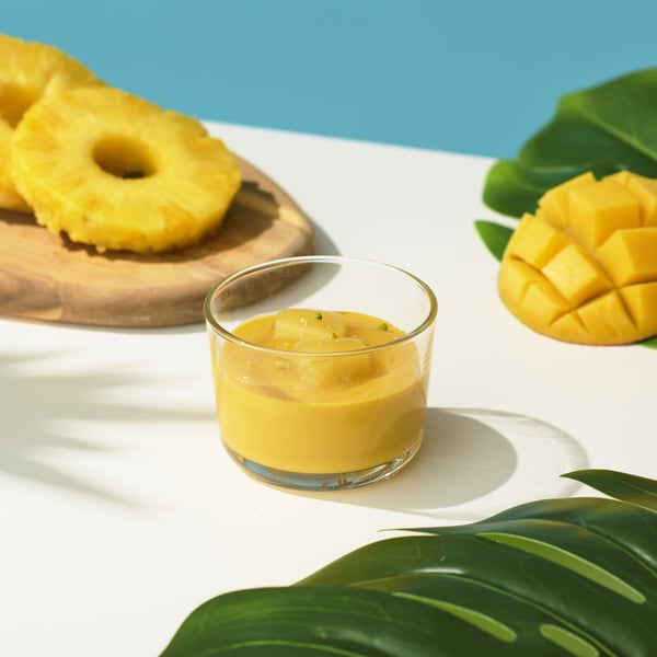 Mango pudding with pineapple & pistachio