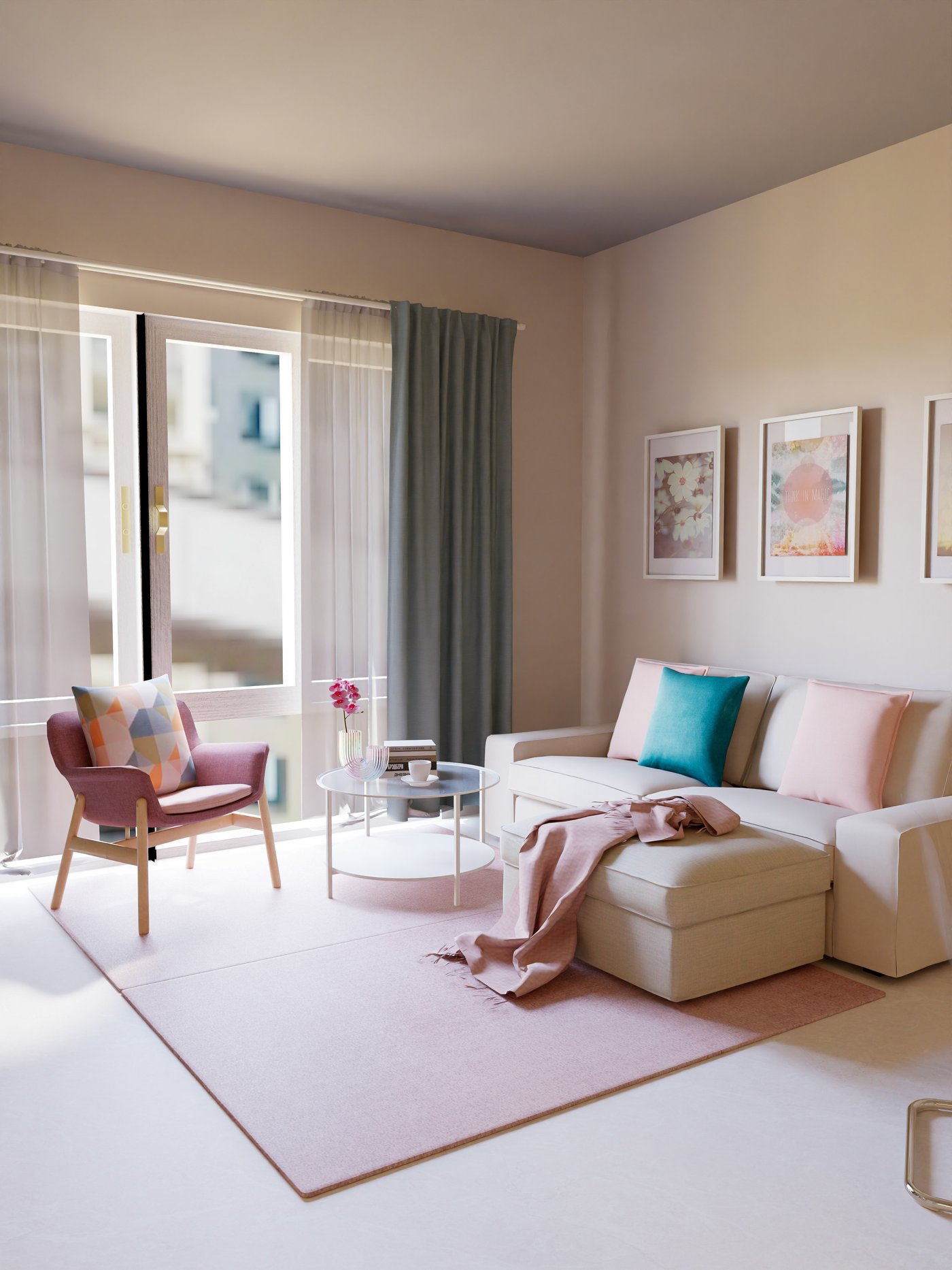 helles Sofa mit Hocher und rosa Sessel mit weiteren pastellfarbenen Akzenten.