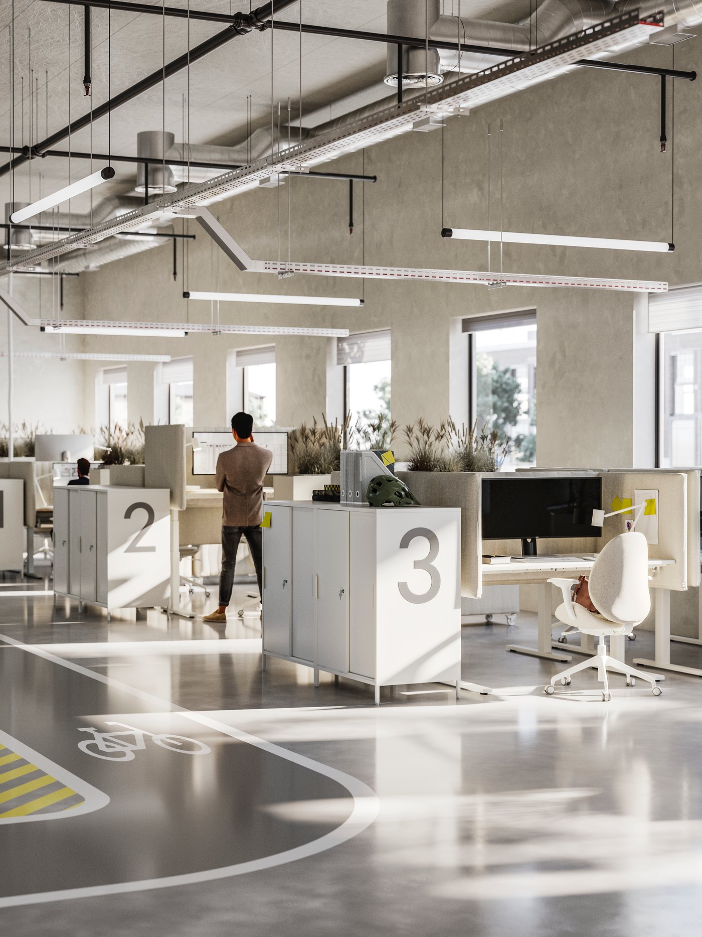 Three rows of desks in an airy, open-plan office. Each workstation features acoustic screens and ergonomic seating.