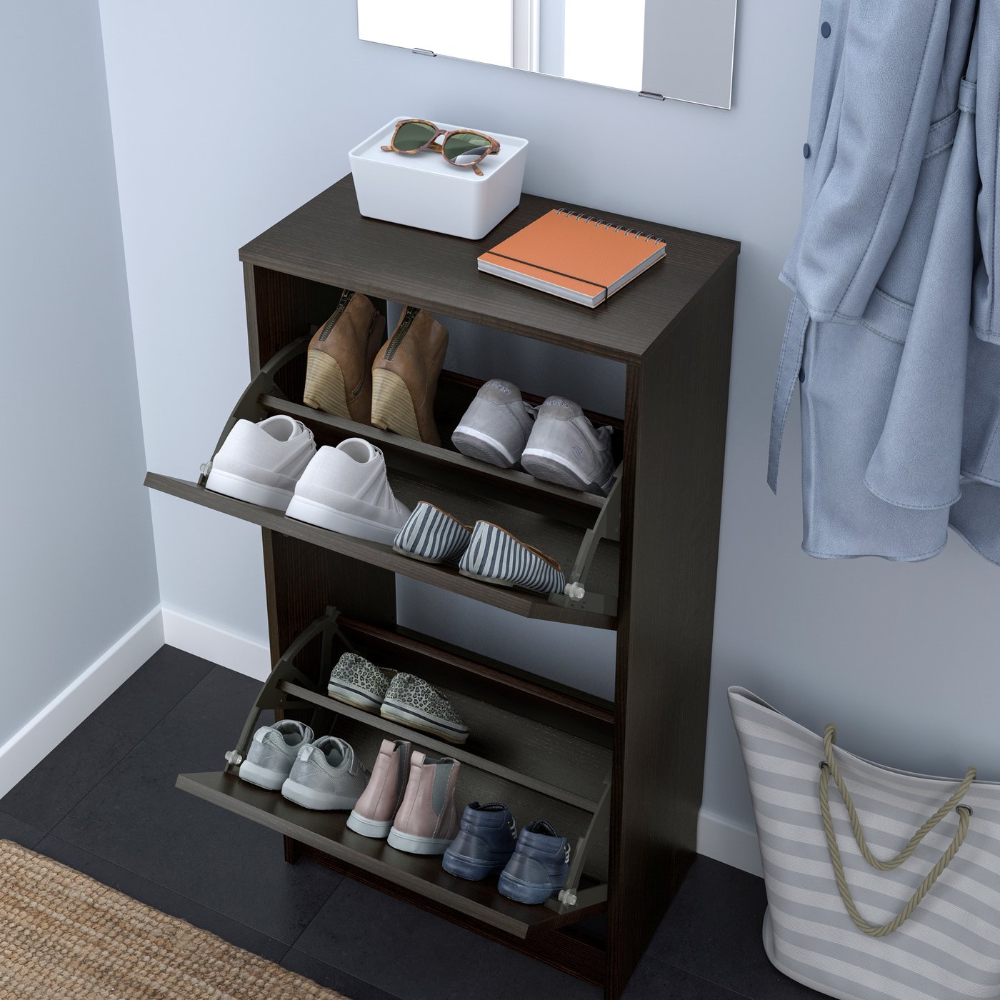A black-brown BISSA shoe cabinet with 2 compartments