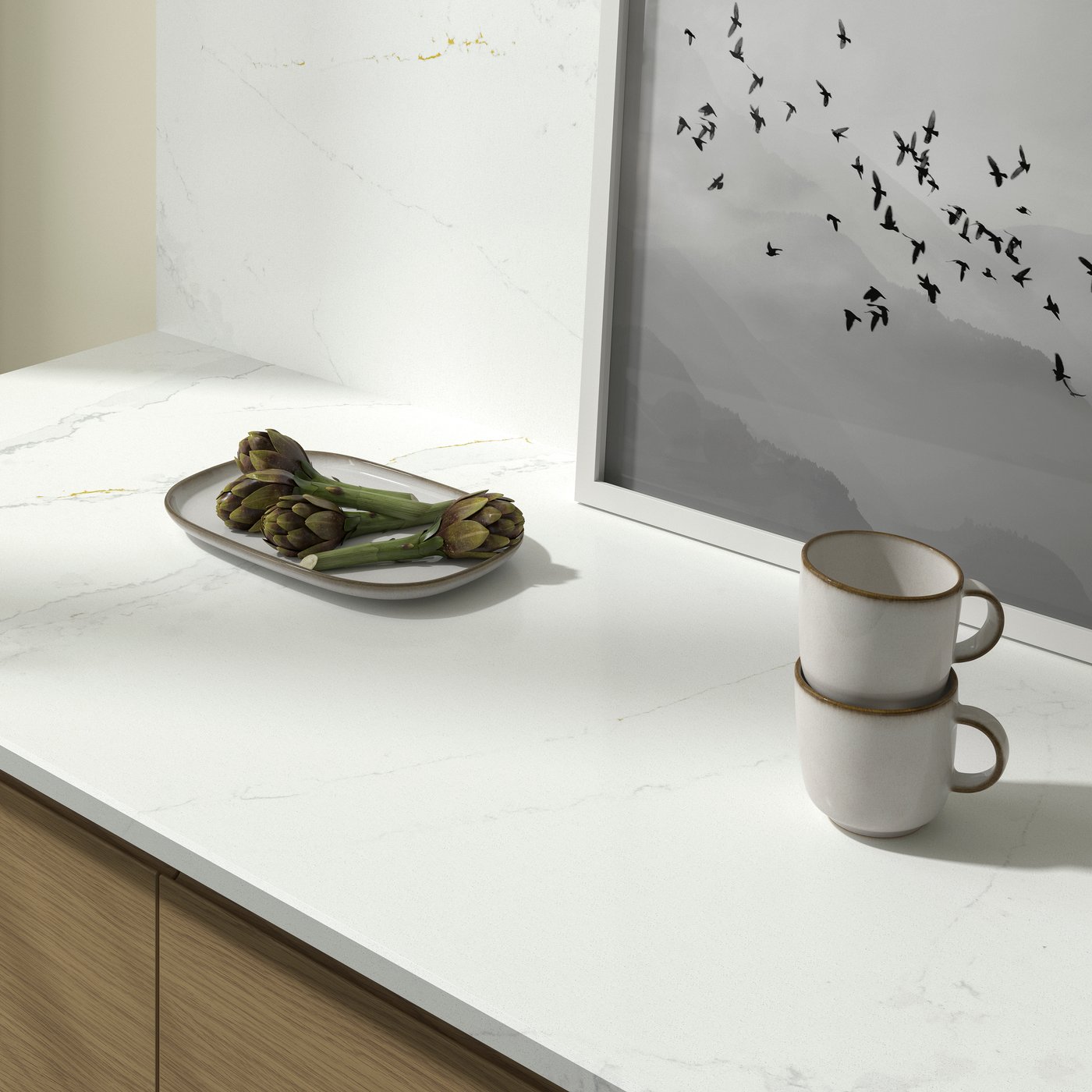 A white/grey-beige marble effect/quartz KASKER custom-made worktop