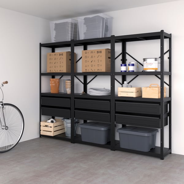 A black BROR shelving unit with drawers/shelves