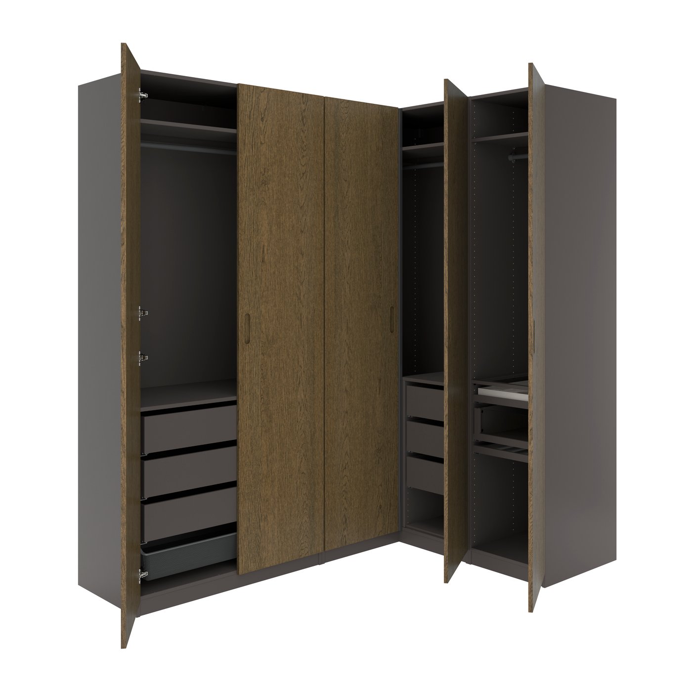 IKEA PAX / TONSTAD hörngarderob, mörkgrå/brun betsad ekfaner, 211/161x236 cm
