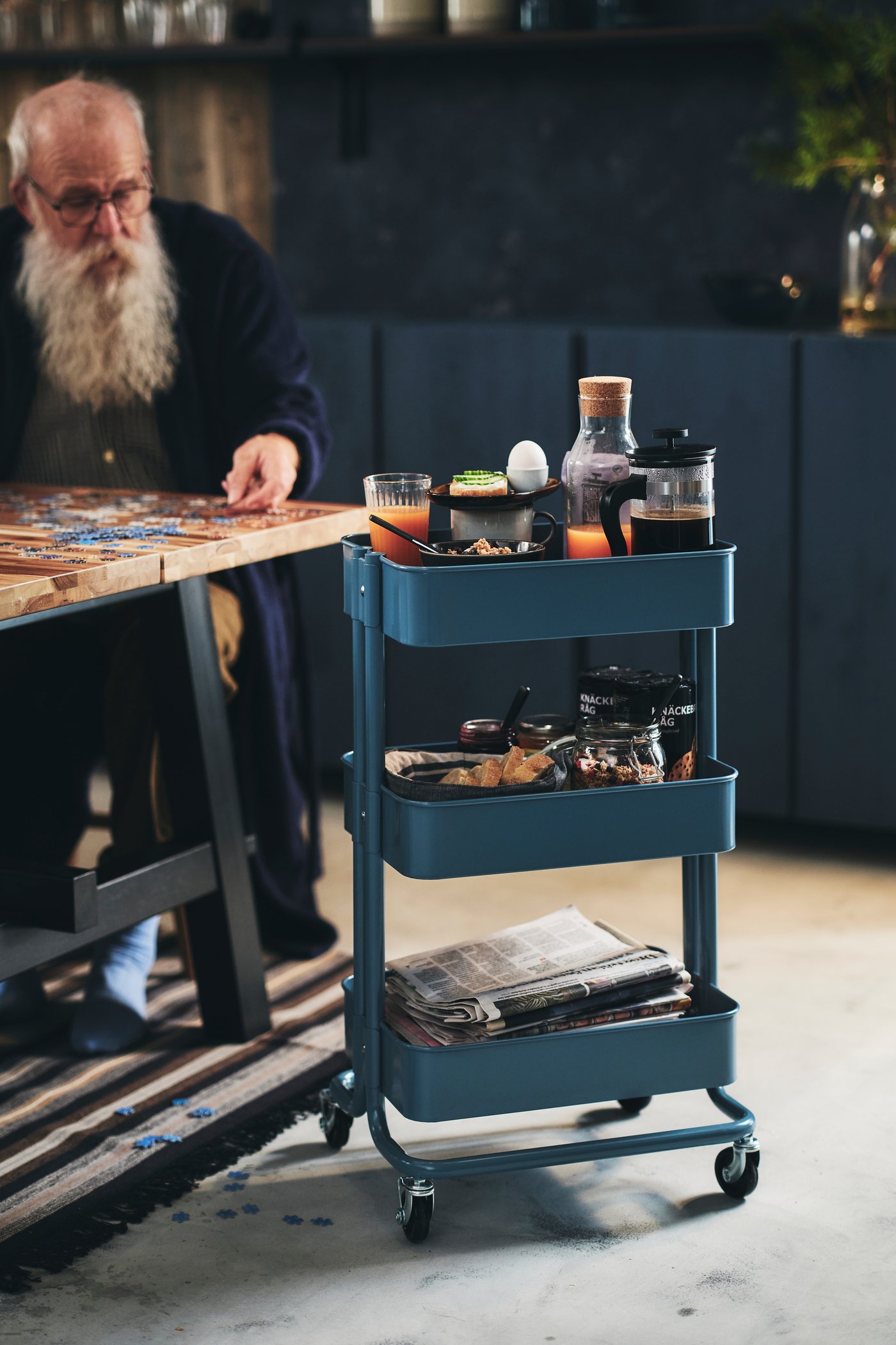 A clear glass KORKEN jar with lid in the dining room