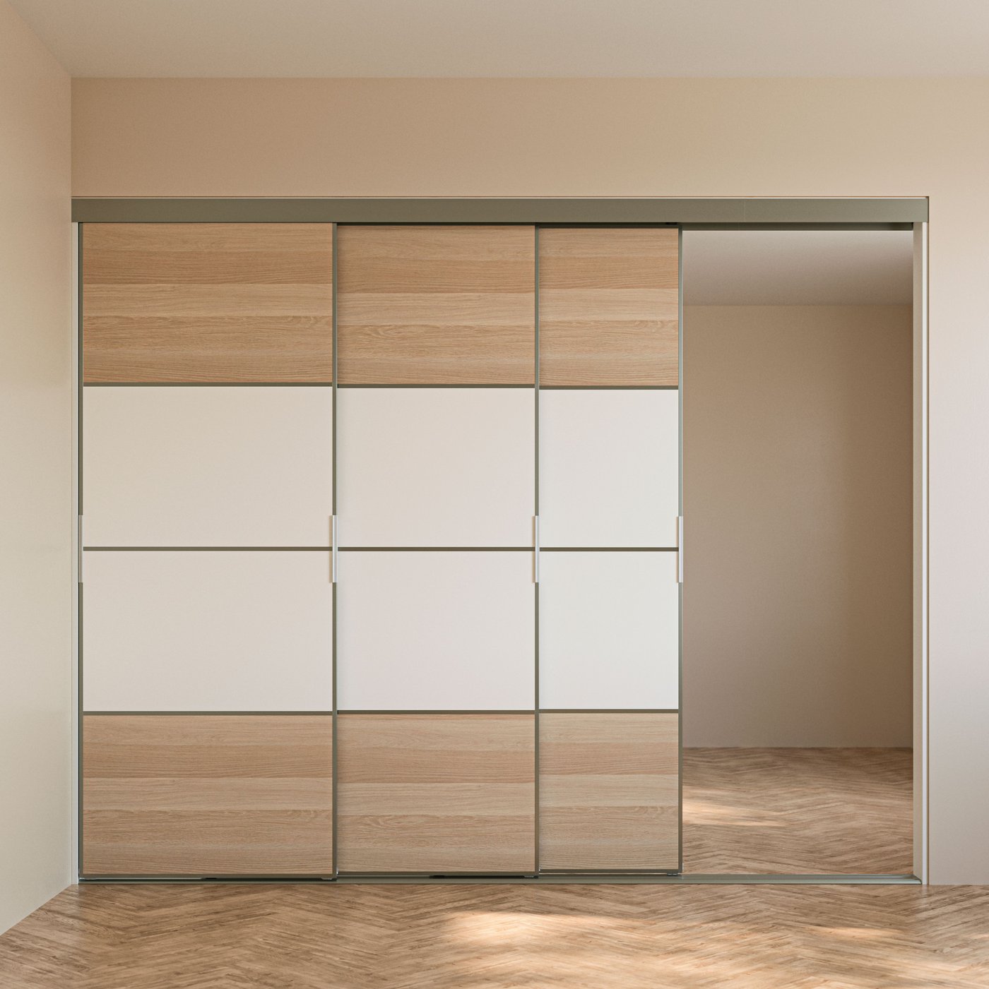 A SKYTTA sliding door solution with low door frames and white stained oak effect/white MEHAMN panels for sliding door frame.