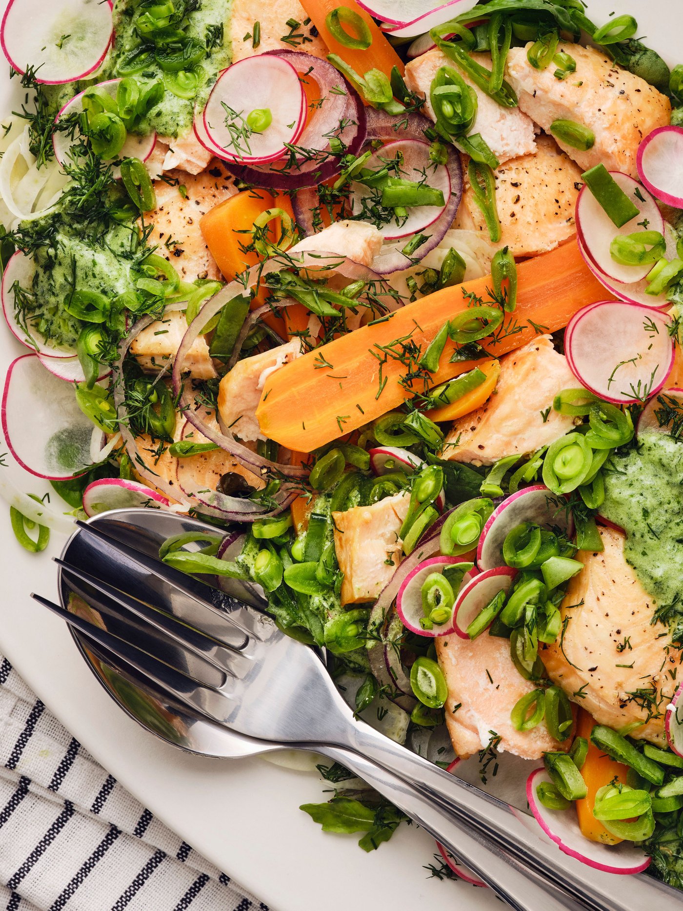 Ein bunter Salat mit gegrilltem Lachs, Radieschen, Möhren, Zuckerschoten und frischen Kräutern, serviert auf einem weißen Teller.