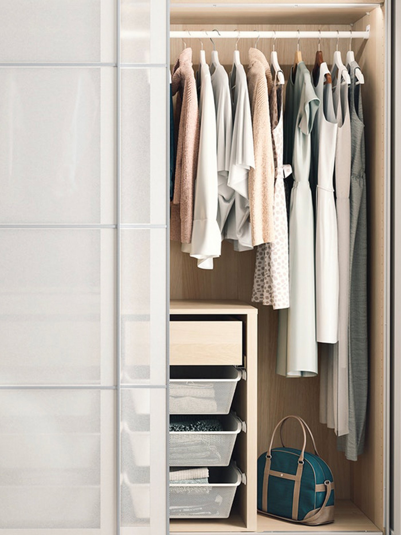 A white stained oak effect/white paper effect PAX wardrobe combination