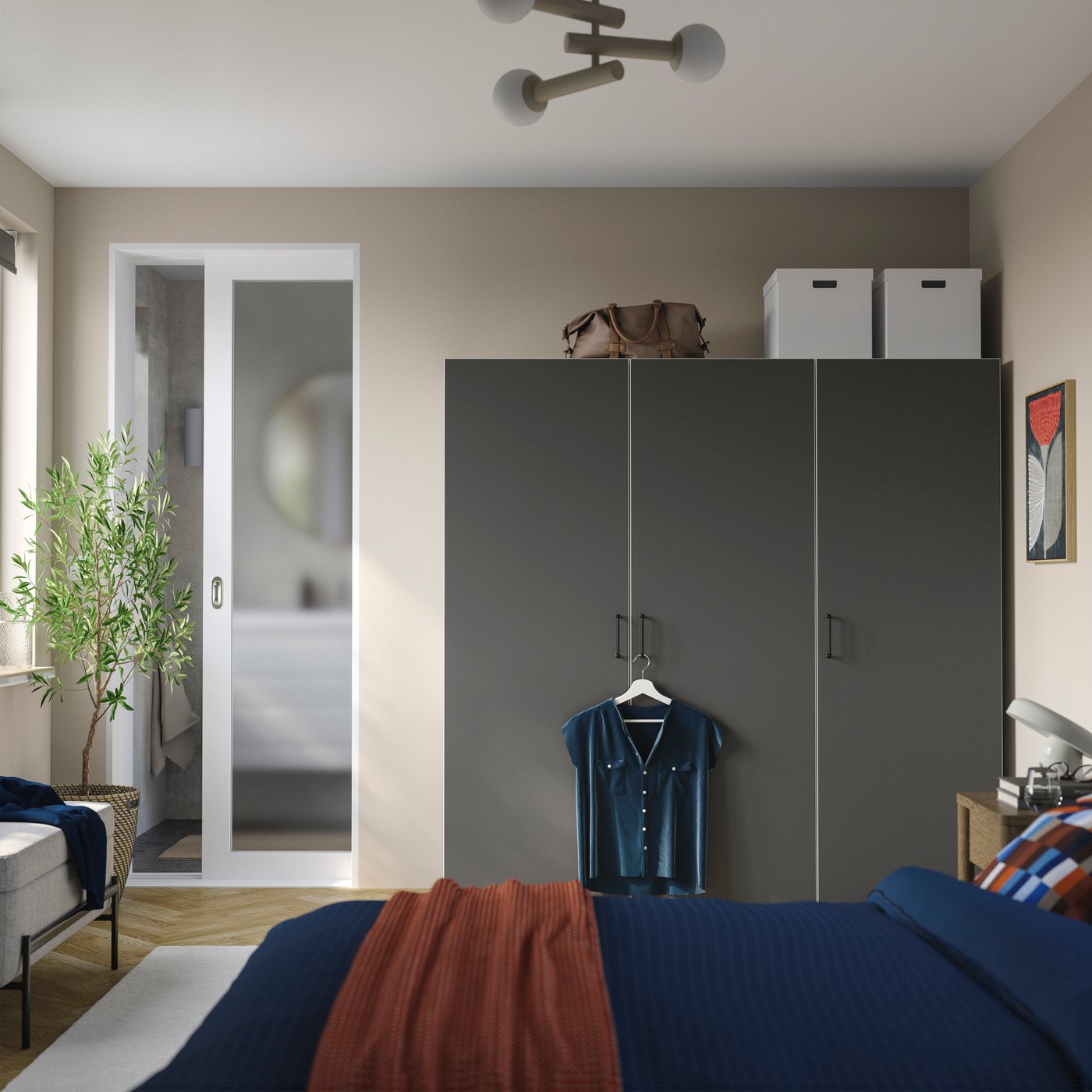 IKEA PLATSA garderob med 3 dörrar, vit/skatval mörkgrå, 180x57x181 cm