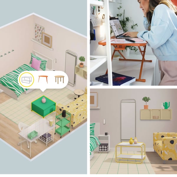 A 3-image collage of a student planning her dorm room design with IKEA Kreativ on a laptop.