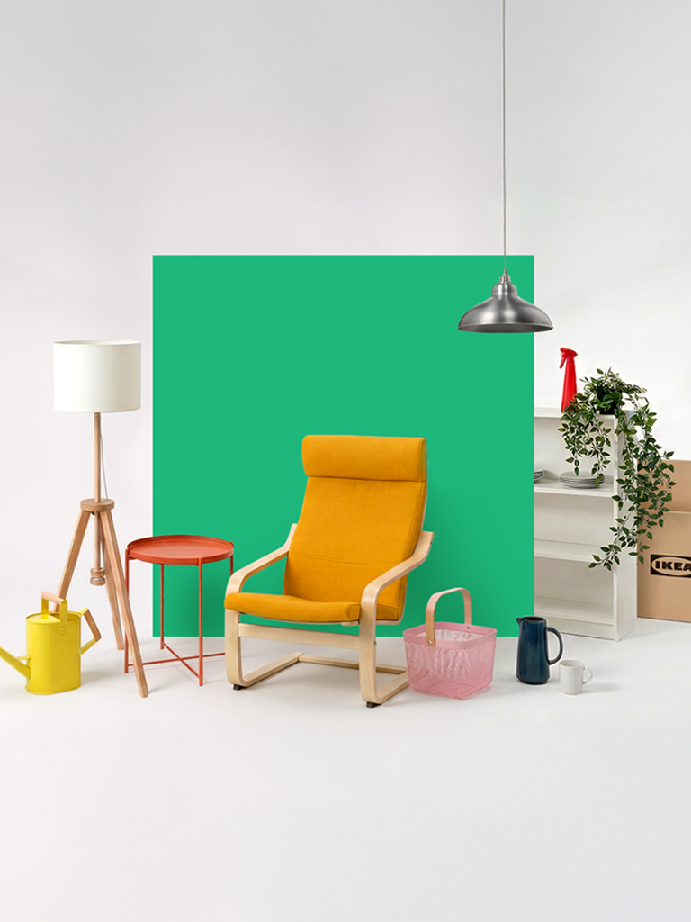 Several colorful IKEA pieces of furniture displayed in a studio