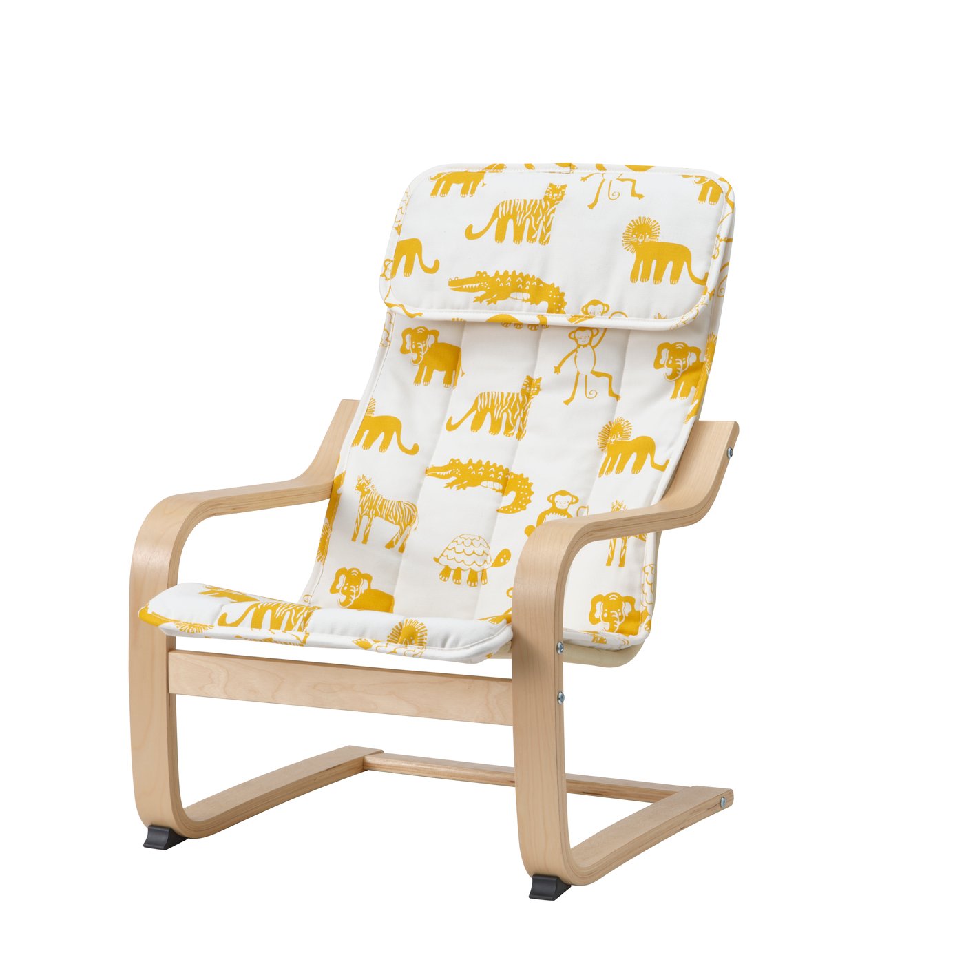 Ein POÄNG Kindersessel mit einem Gestell in Birke Furnier und Skogbo Tiermuster.