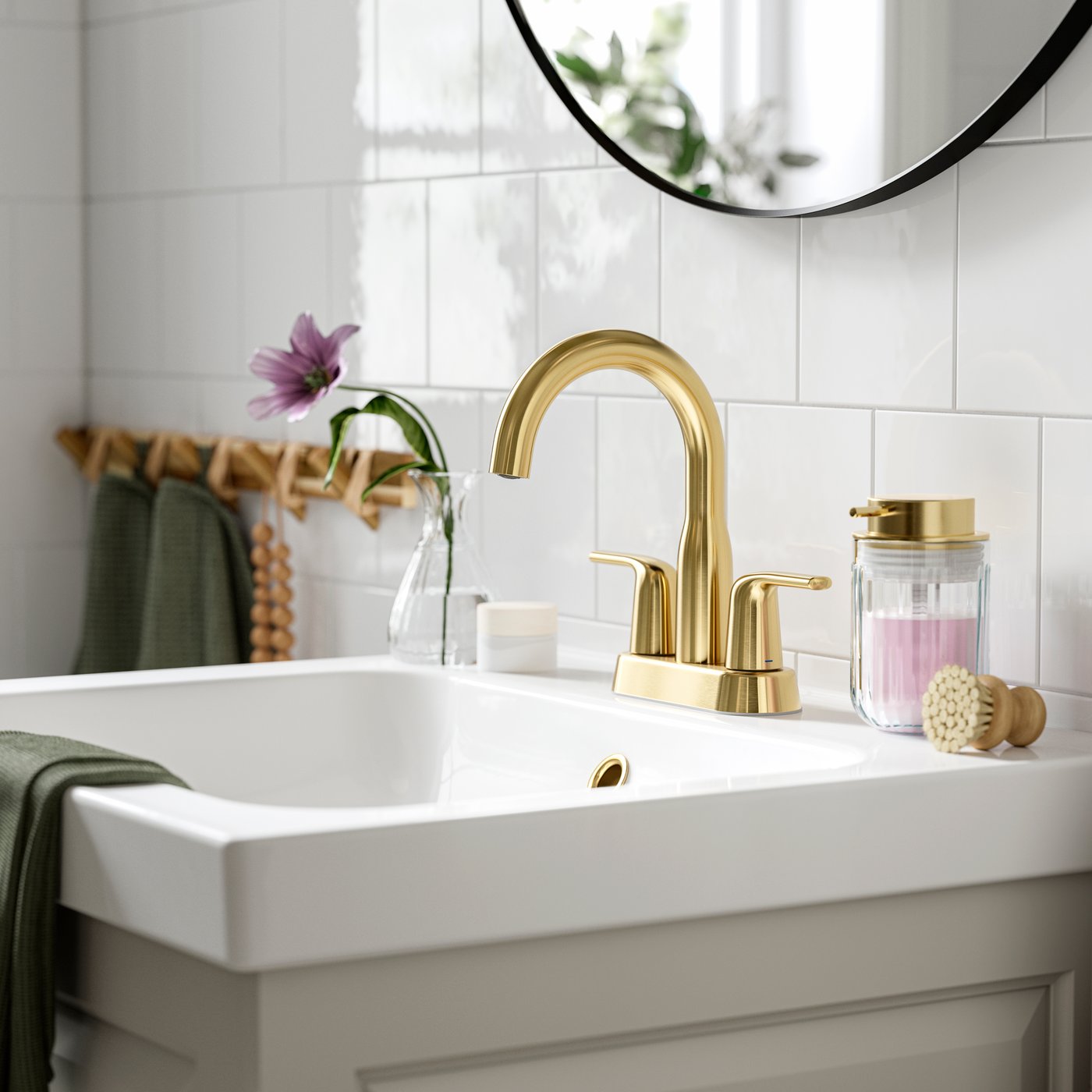 Bathroom sink basin with gold faucet