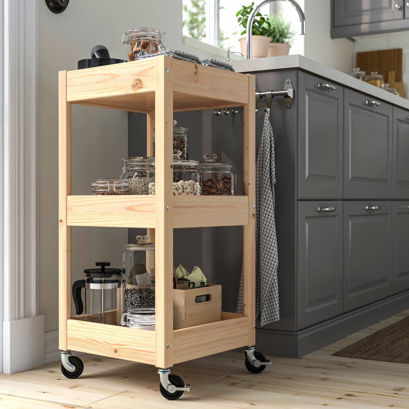 Tea in a wooden kitchen trolley
