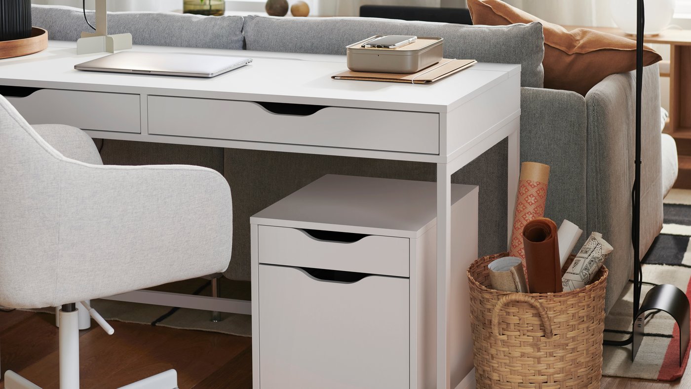 A white/black ALEX drawer unit on castors