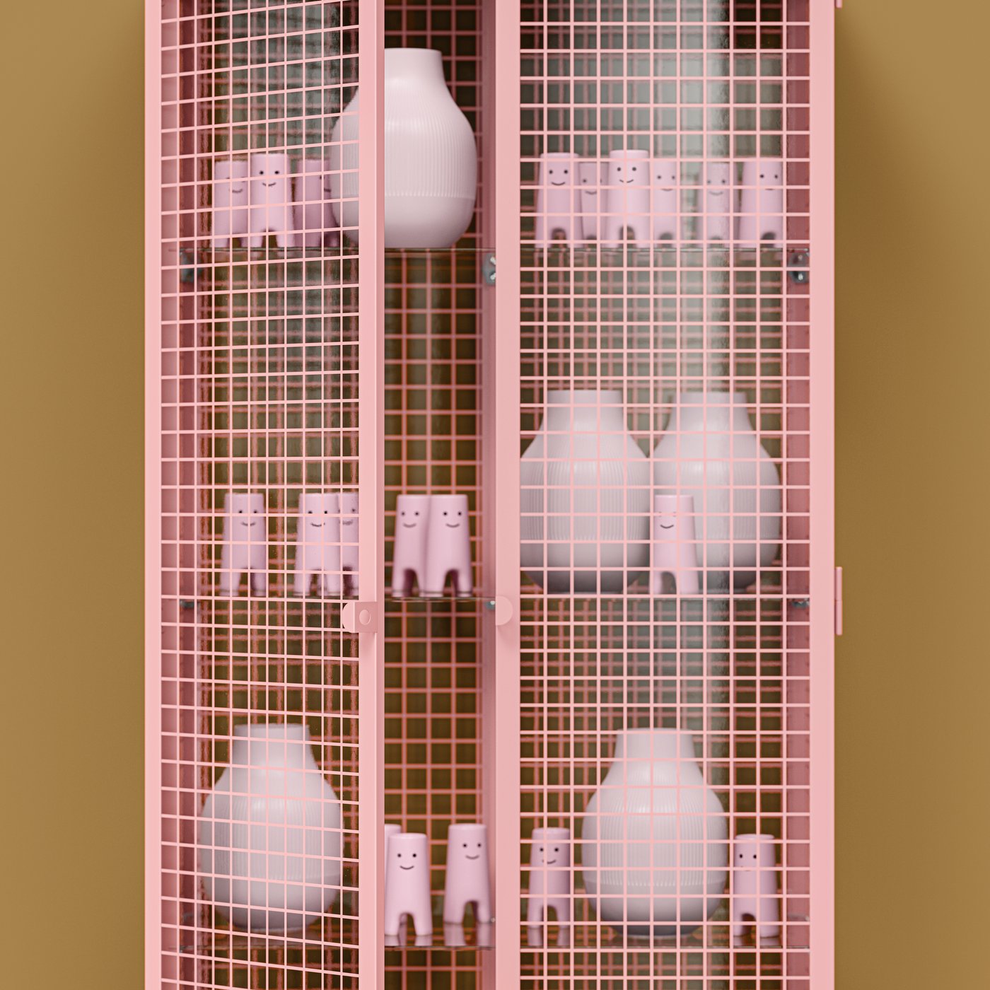 A light-pink IKEA PS 2026 glass-door cabinet, doors slightly ajar and with pink FRÖVÄXT and GRADVIS vases on its shelves.