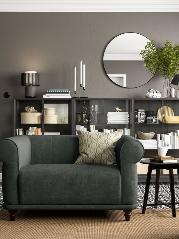 An anthracite RUDSTA glass-door cabinet