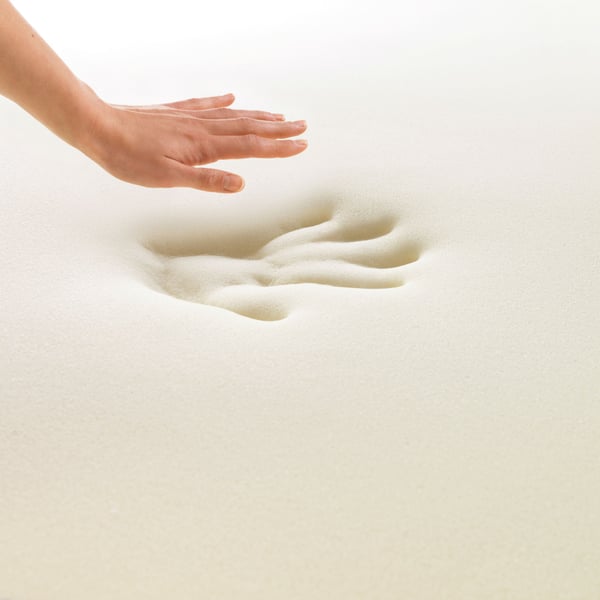 A hand that has been pressed into memory foam and lifted out, showing the imprint that it has left behind in the memory foam.