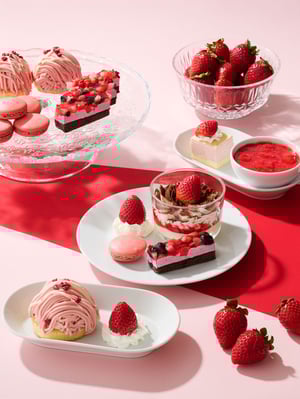 Strawberry sweets, mousse, cakes, sauce and fresh berries