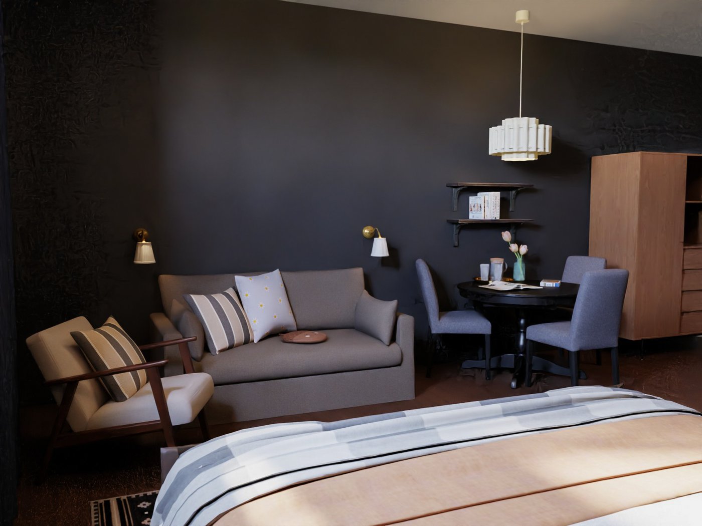 Teil eines Hotelzimmers. Blick auf ein Sofa, einen Sessel, einen Tisch mit drei Stühlen und einen Kleiderschrank.